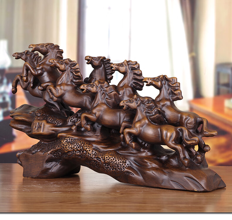 笼趣实木雕八骏马摆件大号八骏图办公室桌面工艺品公司开业乔迁送礼品