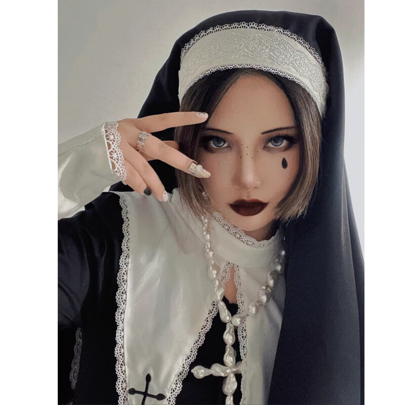 修女连衣裙万圣节穿搭女巫服装cos服暗黑系洛丽塔裙子哥特lolita 发箍