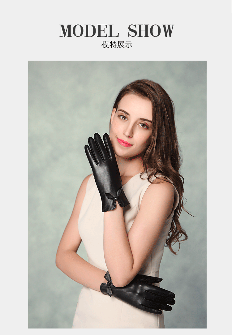 欧凡迪整皮山羊皮真皮皮手套女士触屏加绒加厚保暖秋冬季蝴蝶结薄款