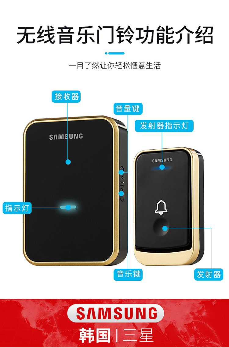 小米智能家居通用三星无线电门铃一拖二拖一家用门铃远距离电子智能