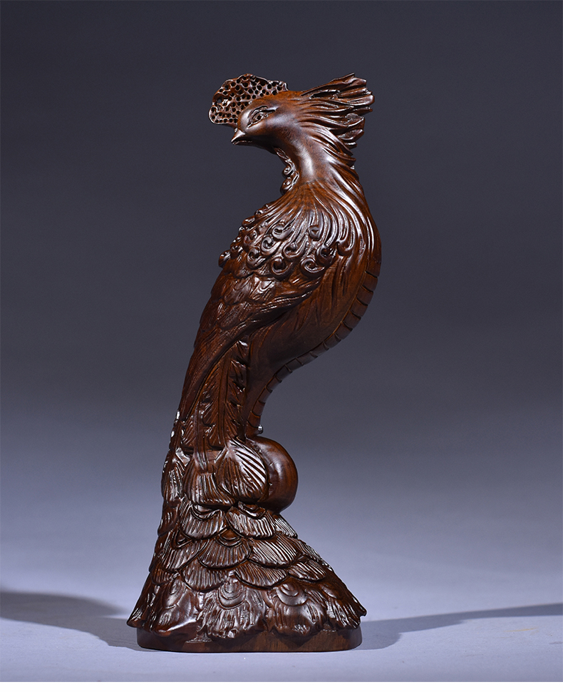 雕凤凰摆件装饰实木家居办公室玄关装饰雕刻红木工艺品礼品 精雕凤凰