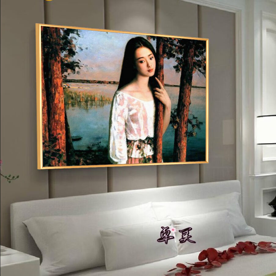 宾馆酒店墙画客厅有框画装饰画房间挂画艺术油画卧室美女壁画横版