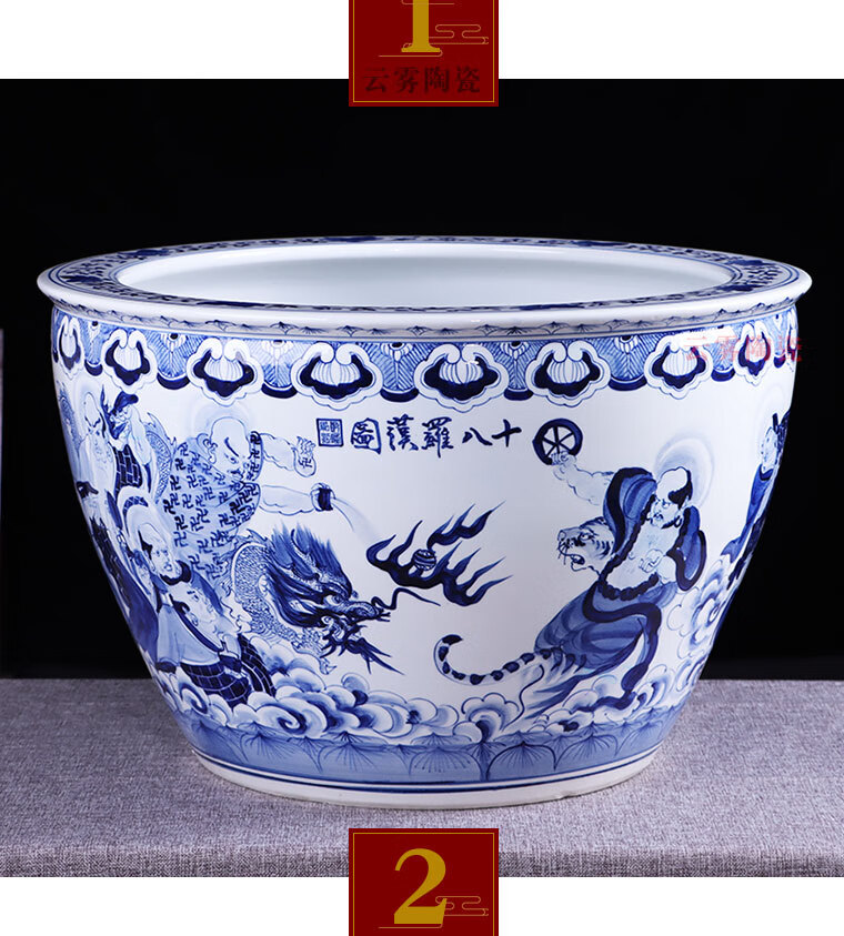 【可开票】青花陶瓷养鱼缸睡莲荷花盆手绘人物十八罗汉图风水大缸装饰