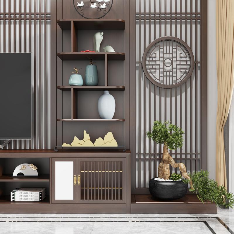 电视机柜现代中式背景墙实木屏风电视柜定制预电视柜3005541cm胡桃木