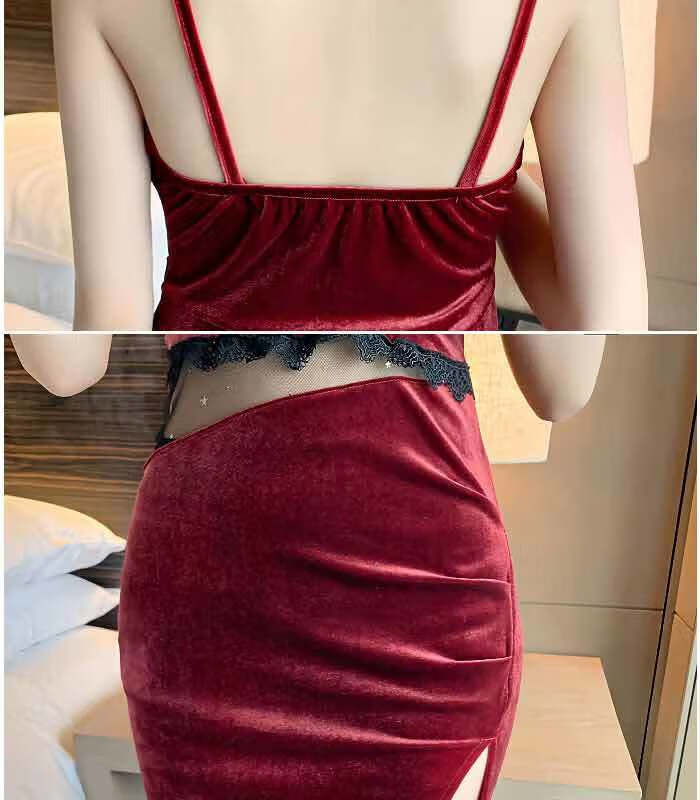 女装性感低胸收腰吊带裙夜场气质蕾丝拼接显瘦开叉包臀连衣裙 黑色 m