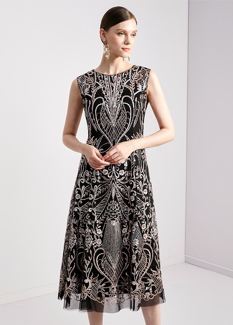 马天奴2021秋冬新款含披肩重工珠片绣花蕾丝网纱黑色连衣裙礼服黑色40