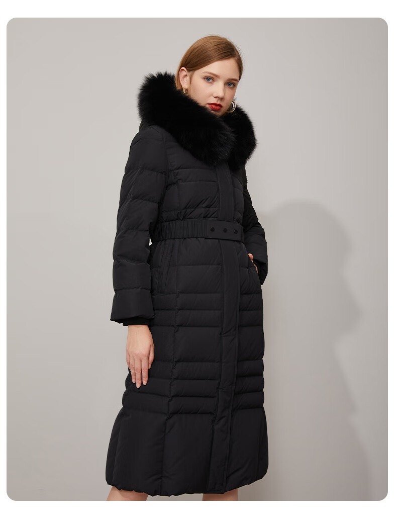 gerolamo年冬季款白鹅绒保暖羽绒服时尚毛领收腰长款外套米色160