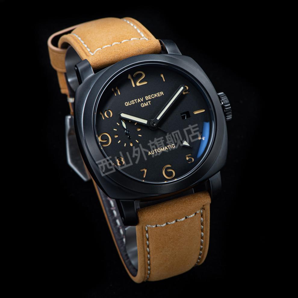 pam441夜光机械表全自动机芯男表防水疯马皮gmt硬汉大表盘手表杰霆 银