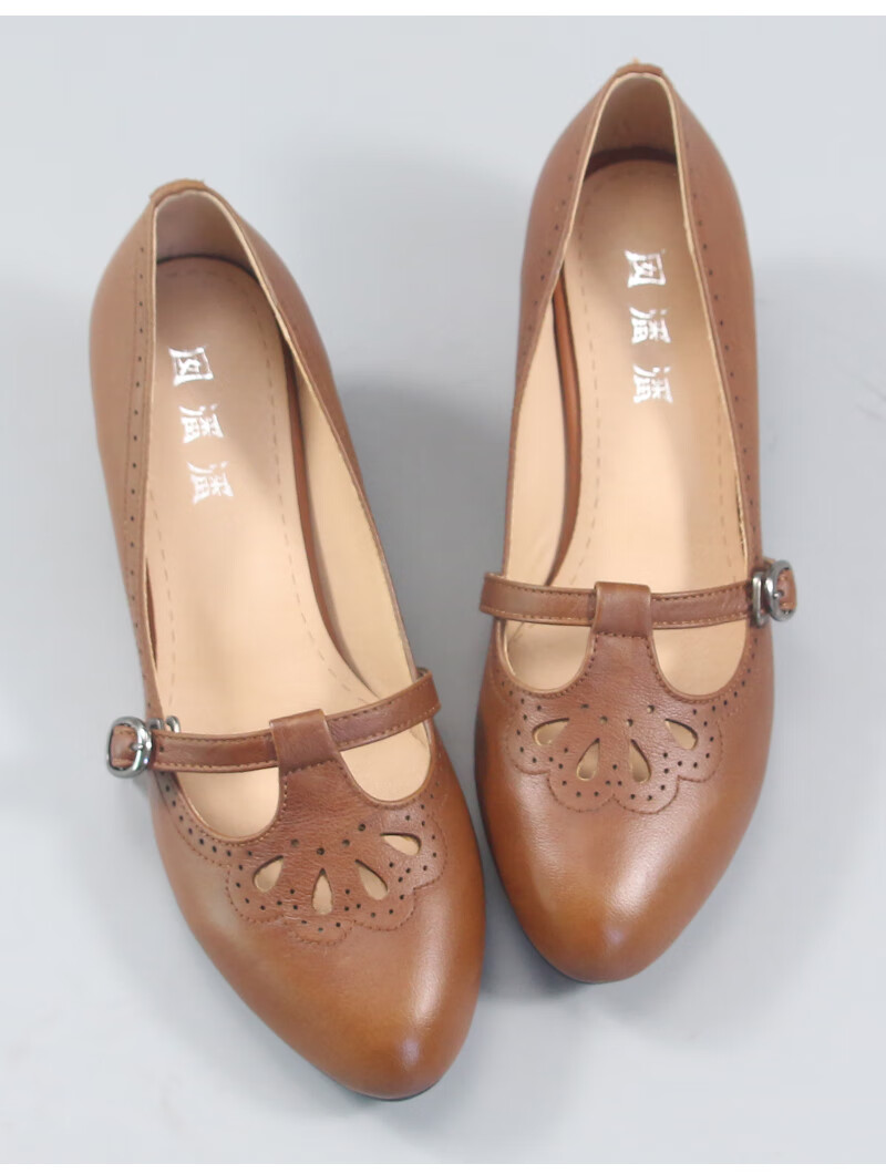 丁字女士真皮中跟单鞋女春秋淑女粗跟中年英伦复古职业妈妈小皮鞋