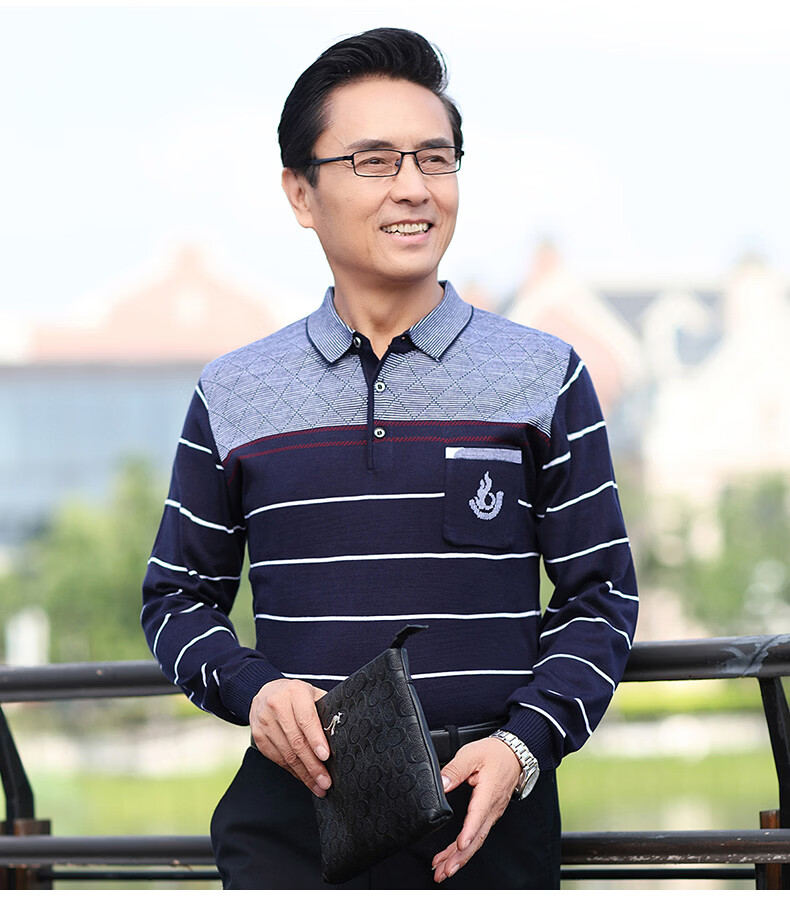 爸爸长袖t恤秋衣针织衫中年男士春秋季上衣中老年秋装薄款打底衫8610
