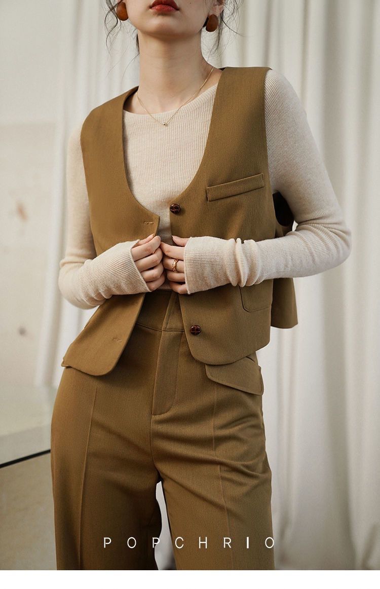 西装马甲女短款2022复古叠穿西装马甲外套女短款坎肩背心外搭卡其色l