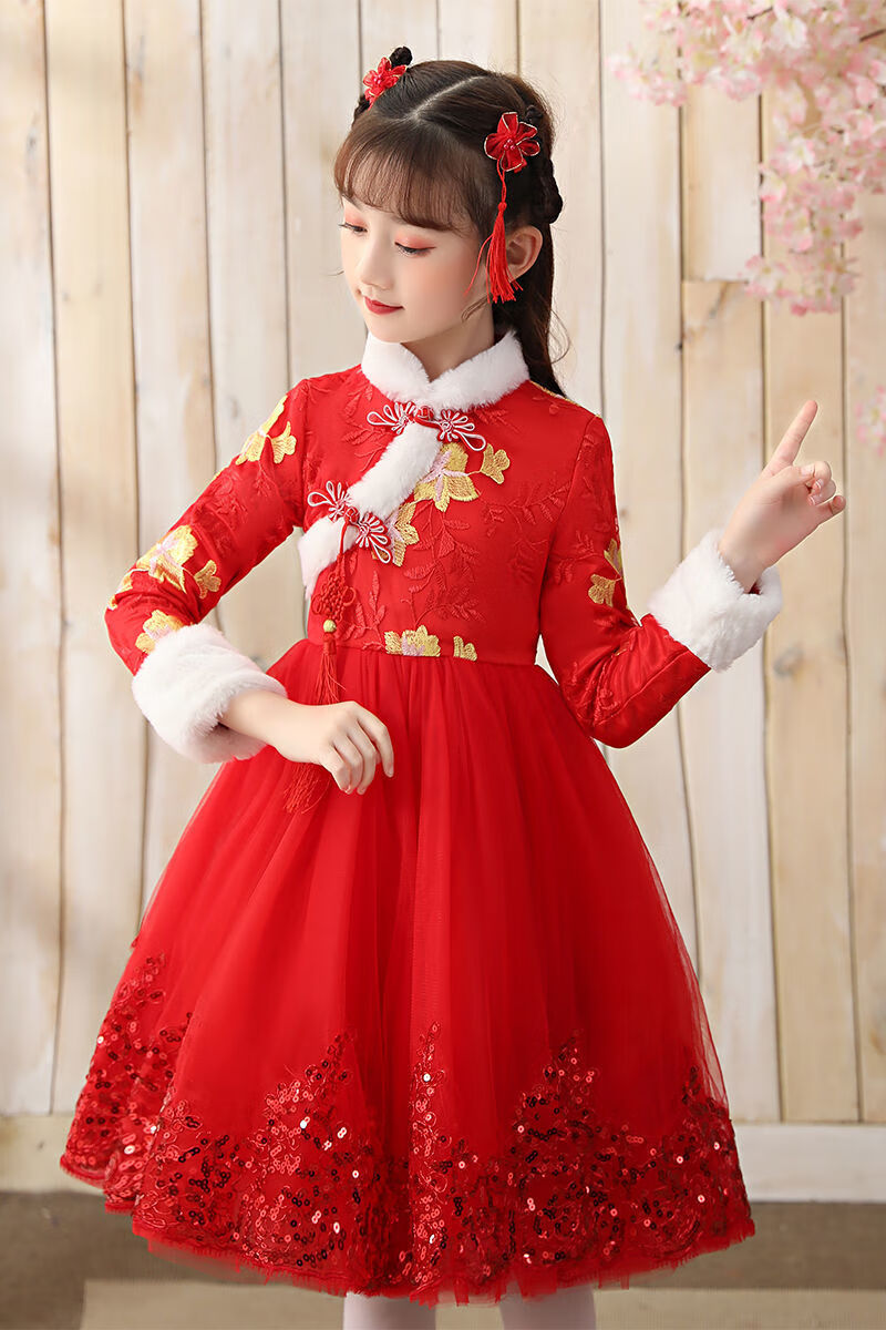 旗袍连衣裙秋冬新款中国风唐装汉服儿童公主裙礼红色加绒偏小码一码