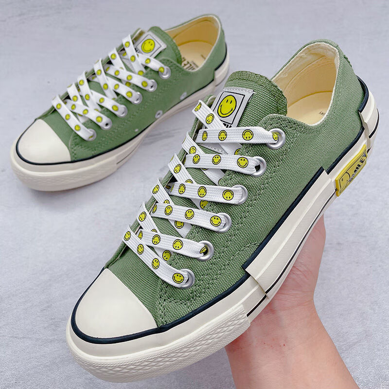 适配smileyoriginals高低帮笑脸帆布鞋女黑白黄色笑脸鞋带绳扁平白底