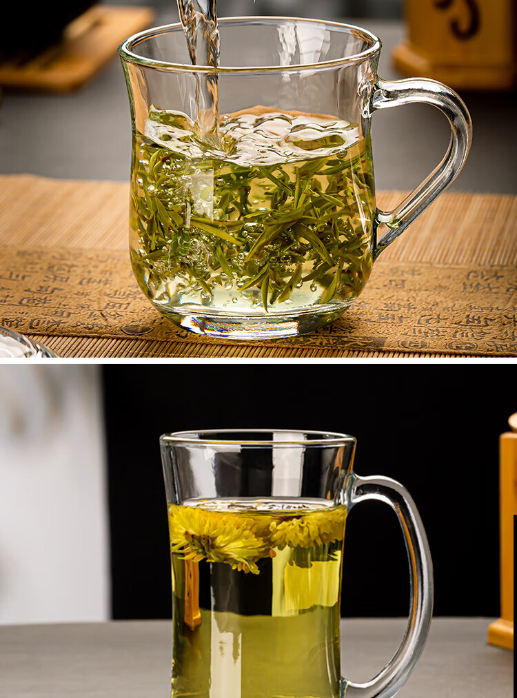 青苹果玻璃杯带把耐热玻璃茶水杯带盖茶饮杯加厚把手泡茶杯子办公家用