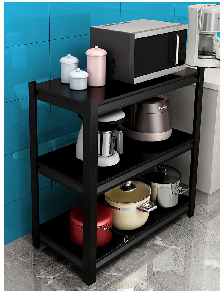 黑色三层厨房置物架收纳落地式多层微波炉厨具储物架子烤箱架孔雀蓝