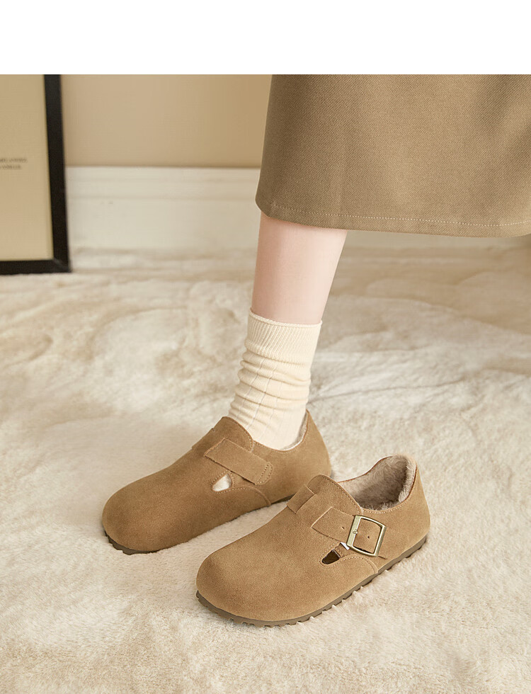 Westlink All-Wool Birkenstock-Style Women's Fleece-Lined Shoes, New Winter 2024 Soft-Soled Cotton Shoes, Warm Slip-On Fluffy Shoes, Brown, Size 37 19