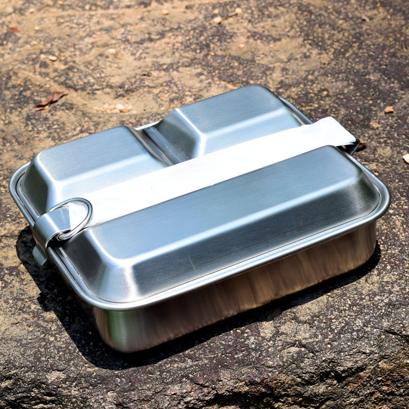 美军饭盒304德式不锈钢户外便携餐具单兵野战炊便当餐盘便携德式银色