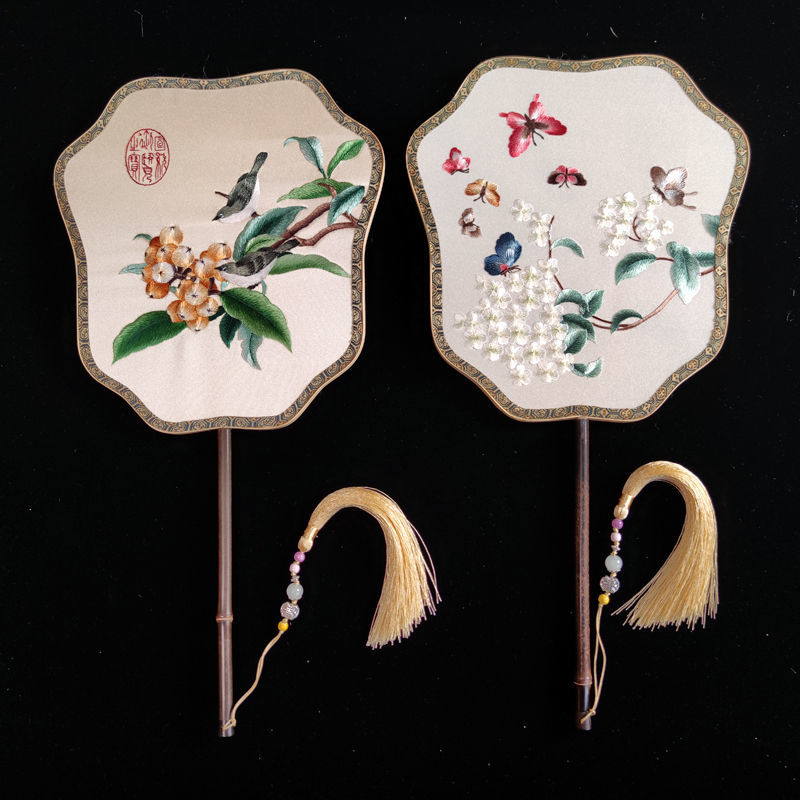 网红推荐飞仙型苏绣花扇子双面刺绣异色团扇古典国风宫廷复古风紫竹大