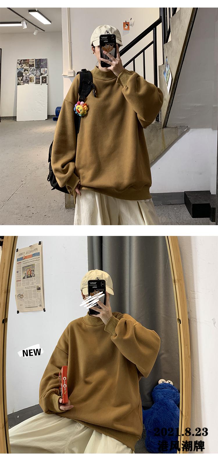 棕色半高领卫衣男潮ins叠穿秋季打底衫纯色百搭外套宽松f慵懒风w1922