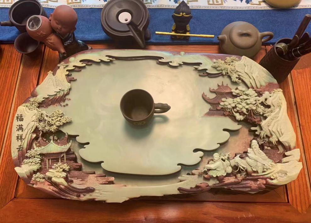玉石茶盘梵净山紫袍玉带石茶盘收藏级贵州手工雕刻玉石家用石头茶海