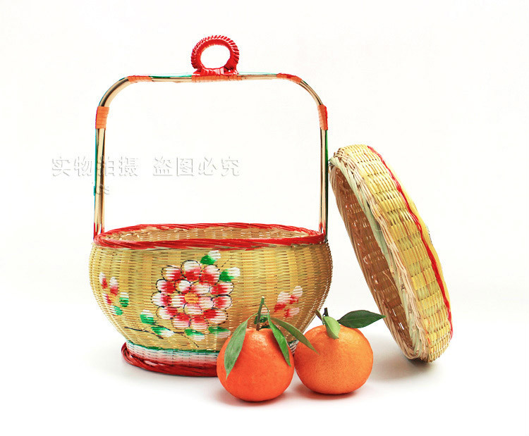 潮汕结婚彩绘花篮阿舅提灯油竹篮子手编竹花篮手提喜糖篮子总高45cm篮