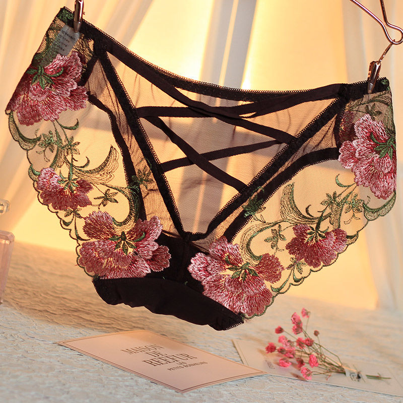 欧美宫廷刺绣性感透明网纱内裤女蕾丝镂空绑带火辣诱惑纯棉底情趣内衣