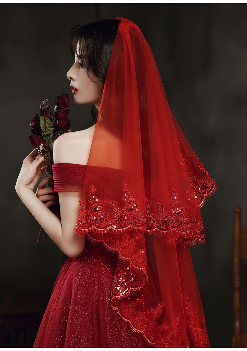 婚纱头纱红色头纱新娘长款秀禾服红盖头结婚短款中式复古风网纱红色