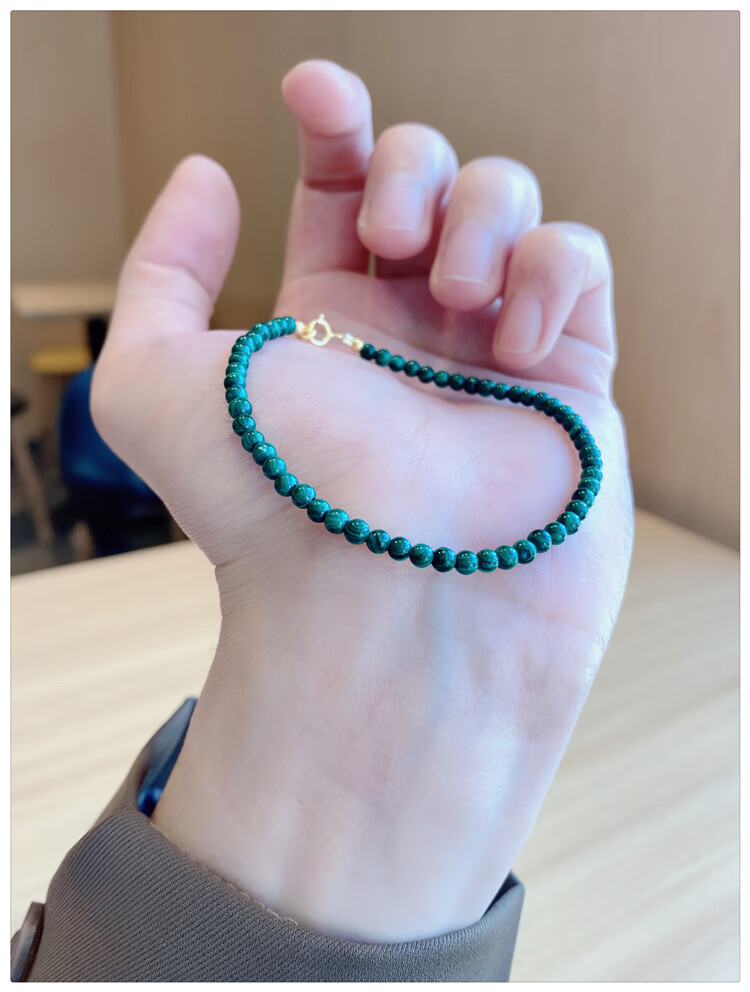 展缘天然绿孔雀石手链女35mm细款单圈石原石小水晶转运旺夫手串礼物35