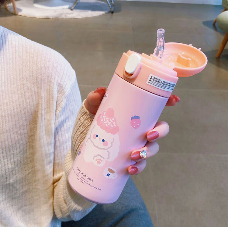 【直发】韩版保温杯女可爱带吸管式水杯情侣大人儿童少女心ins高颜值