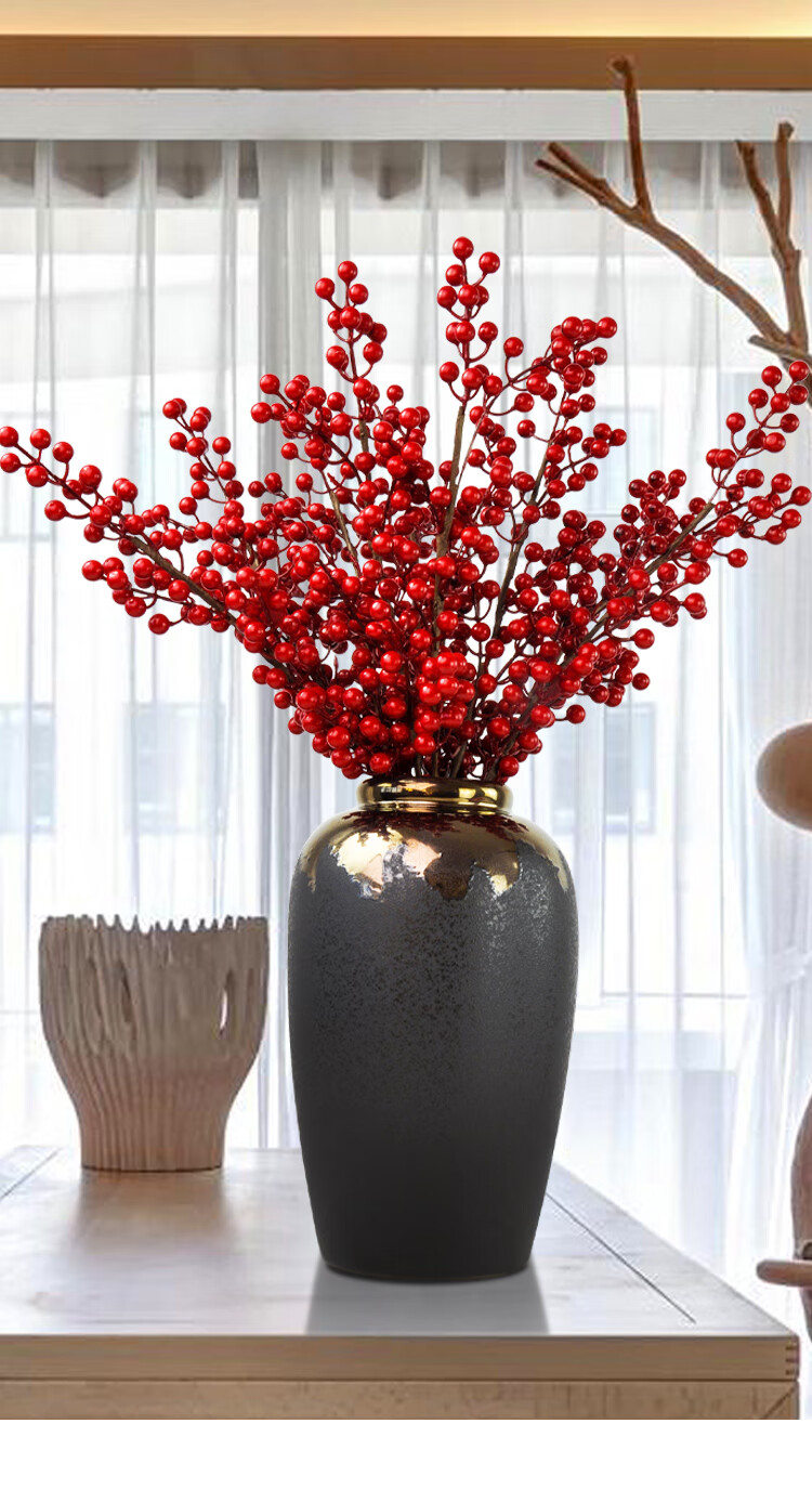 2022过年插花红果仿真花假花客厅摆设装饰发财果冬青浆果干花花束摆件