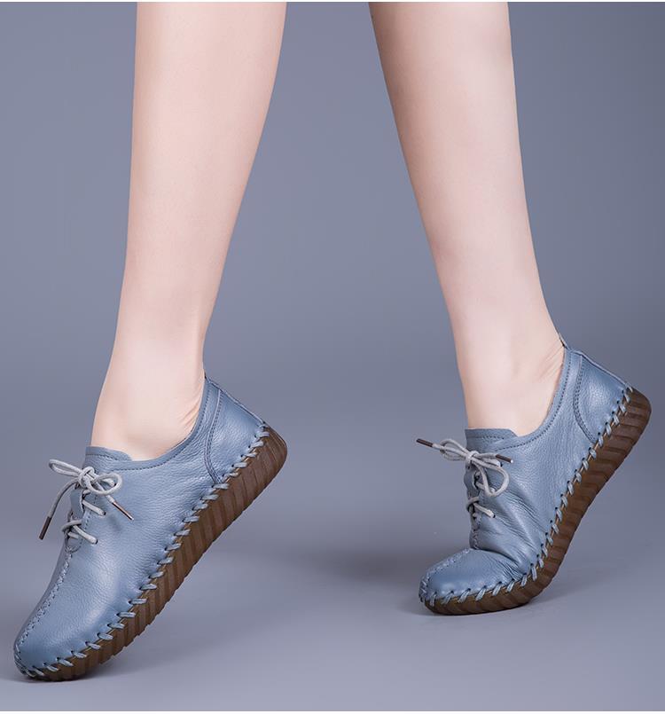 鞋子老妈鞋牛筋底女鞋春秋纯皮软底软面舒适单鞋轻便平底妈妈鞋米白色