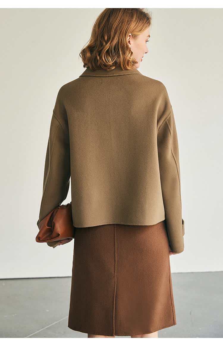 法曼萱浅卡其色短款双面羊绒大衣女冬季2021新款时尚羊毛呢子外套浅