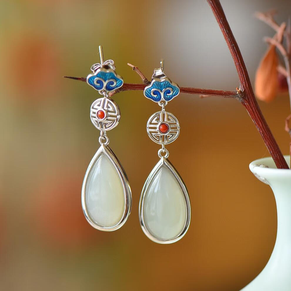 宝芙韵baofuyun和田玉水滴耳坠女古风配汉服中国风民族风耳环女圆脸