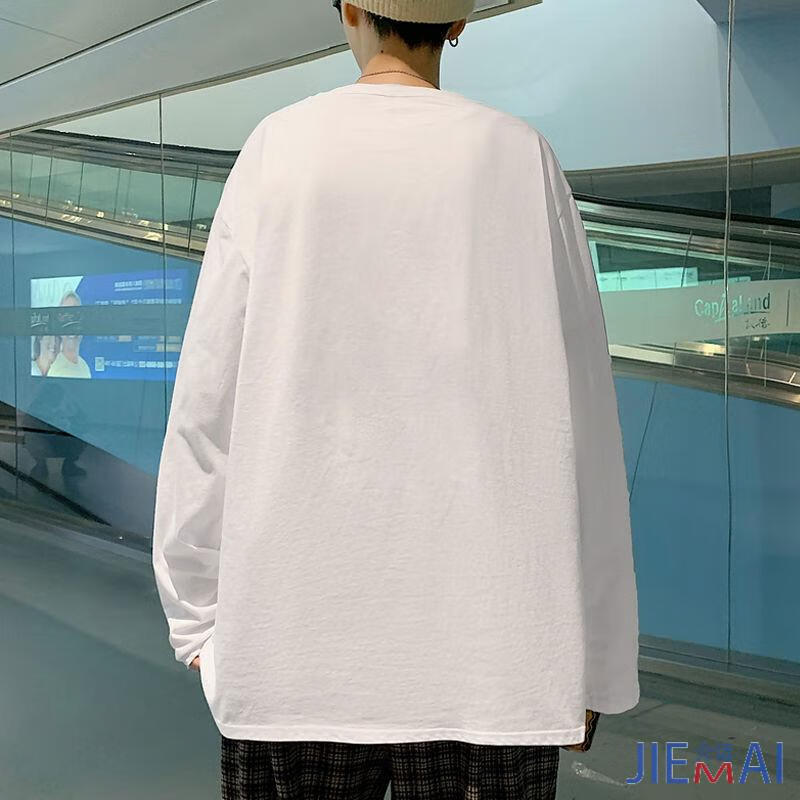 介迈长袖t恤男白色打底衫春夏季男士潮流上衣ins宽松男装衣服潮衣服