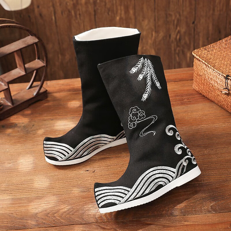 古风鞋子男武侠古装汉服古风靴皂靴cos皂靴男女同款长靴平跟翘头布靴