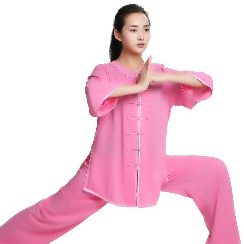 健道太极服女夏季纯棉太极服男女棉绸短袖中老年太极拳练功服 天蓝
