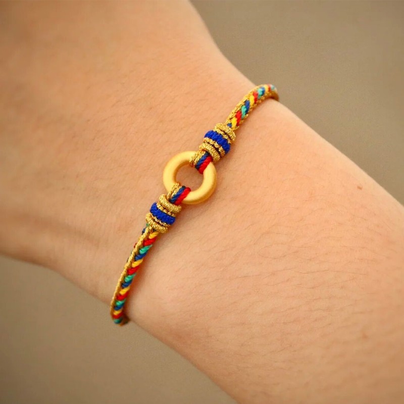 老凤凰 黄金平安扣手链女足金平安扣五彩绳手链男女情侣款3硬编织手绳