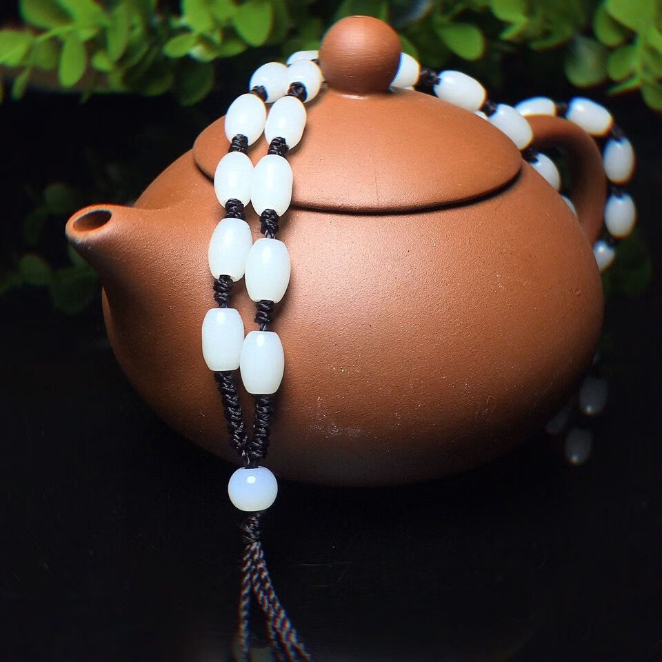 博皓定制和田白玉挂绳项链绳玉石链子手工编织珠链玉坠挂绳珠子白玉款