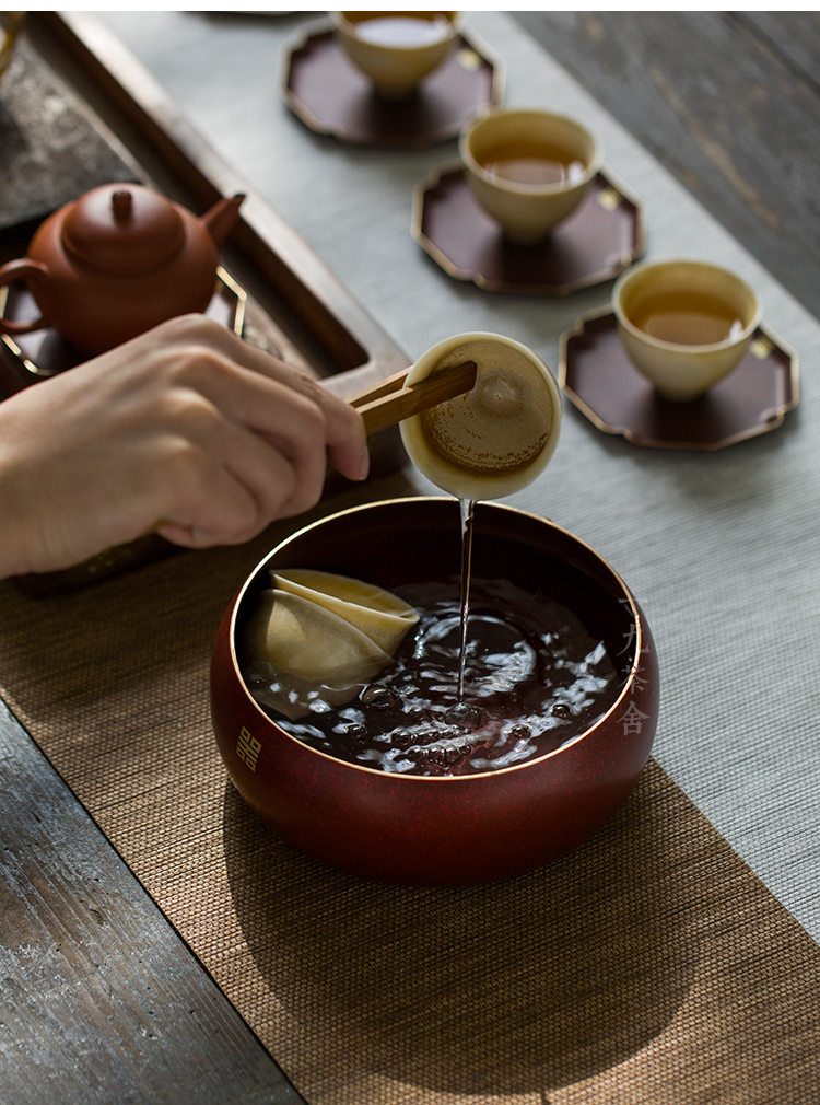 钢盾 纯铜上彩水盂茶洗大号特大家用日式茶水缸小号建水水洗 铜茶洗