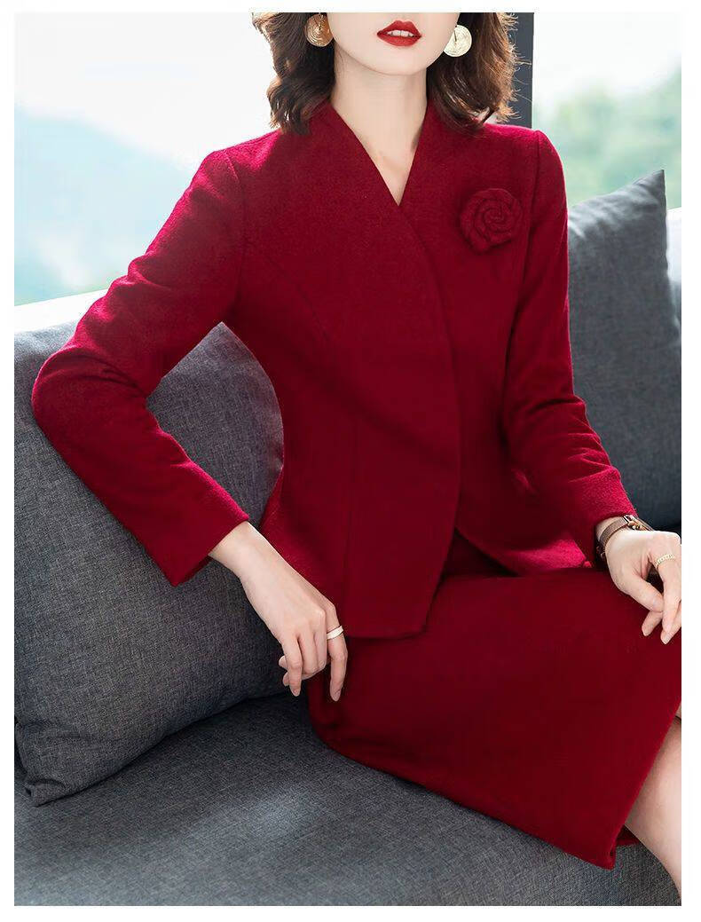 婚礼妈妈装高档毛呢套装裙子秋冬季喜婚宴服装高贵女士女装春秋款秋装
