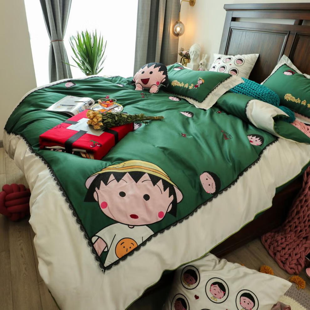 樱桃小丸子少女心80支双面长绒棉四件套纯棉被套可爱女孩床上用品墨