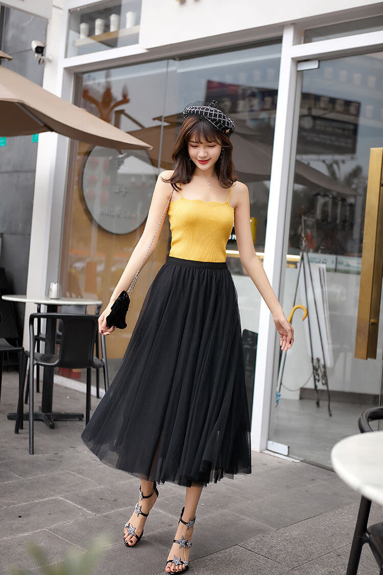 2021春夏新款网纱半身裙大码高腰中长款蓬蓬仙女裙胖mm200斤a字裙黑色