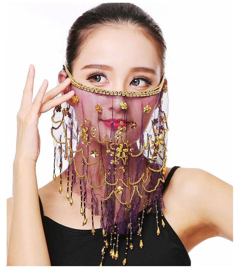 面纱古风印度舞蹈表演出服面纱蹈道具肚皮舞配饰梅花纱巾面罩面纱黄色