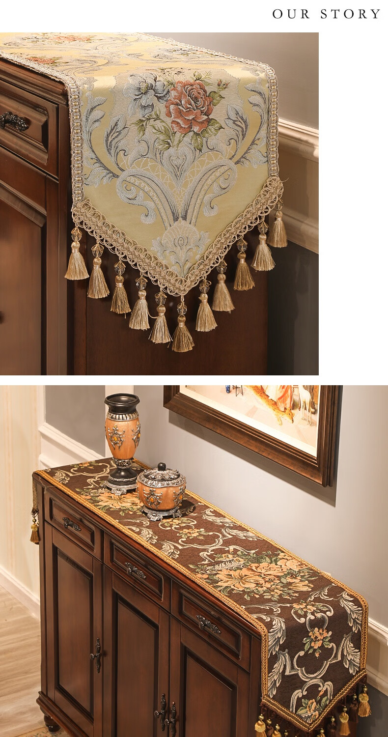 桌旗美式轻奢餐桌布艺茶几长条装饰电视柜台布欧式巴洛克咖色35220cm