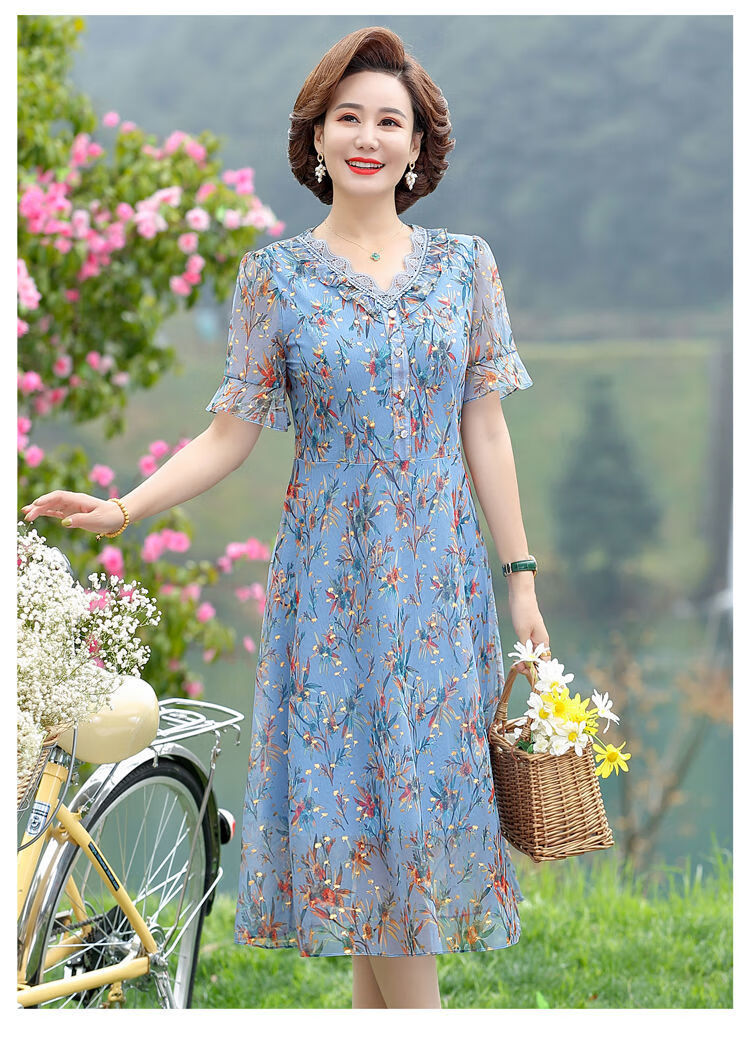 あ夏季中老年人妈妈装夏装连衣裙短袖网纱裙子中年女装裙中长款阔色