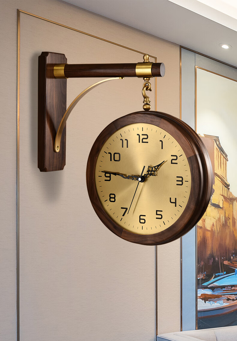 优选好物纯铜新中式轻奢双面挂钟客厅家用钟饰时尚挂表两面钟表黑胡桃