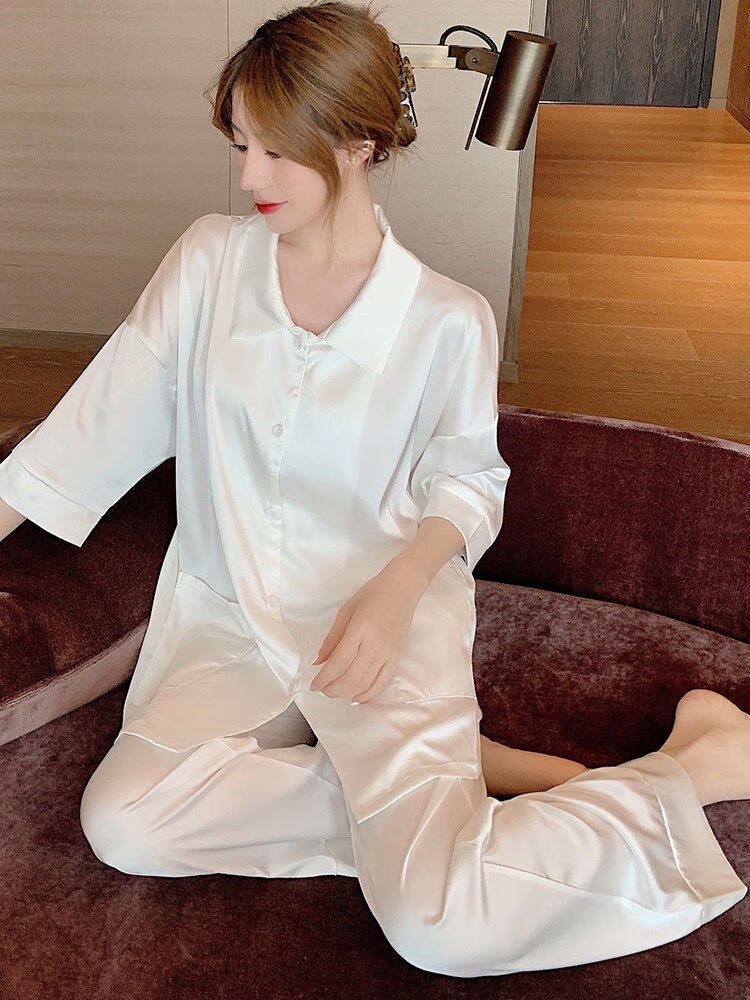 好品质女士夏季睡衣背影迷人冰丝春夏季纯白甜美睡衣女性感薄款露背