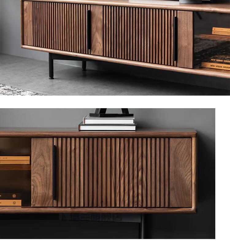 风电视柜 北美黑胡桃木电视柜小户型客厅格栅风实木家具定制 美国红