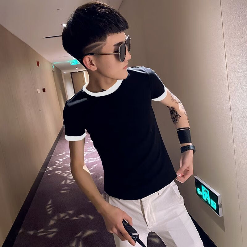夏季快手社会人精神小伙网红潮男短袖t恤痞帅红人打底衫半袖白色短撞