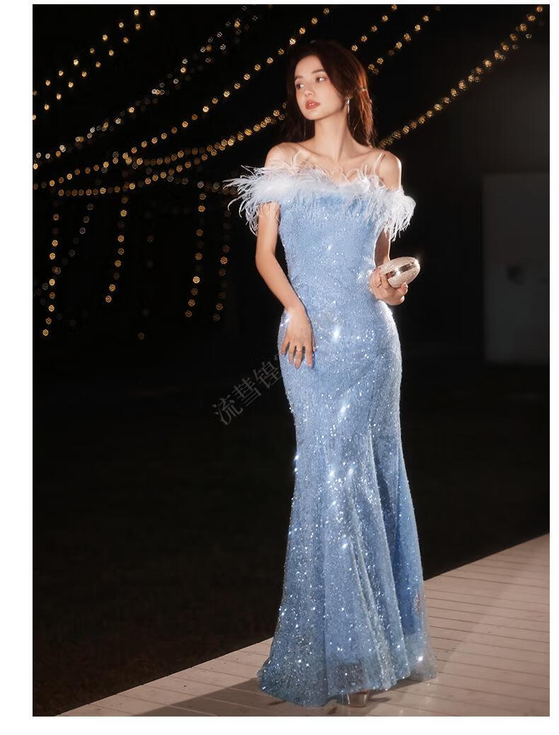 主持人气质名媛一字肩鱼尾裙年会礼服简约时髦蓝色小众气质晚礼服女xs